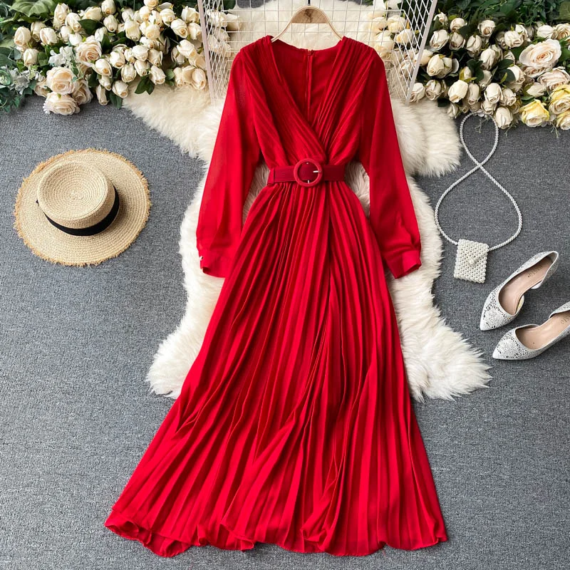 Solid Color Sexy Chiffon Pleated Dress