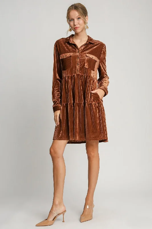 Umgee Textured Striped Velvet Dress in Copper