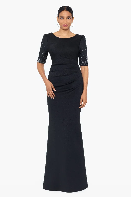 "Tonya" Scuba Crepe 3/4 Sleeve Rhinestone Embellished Floor Length Dress