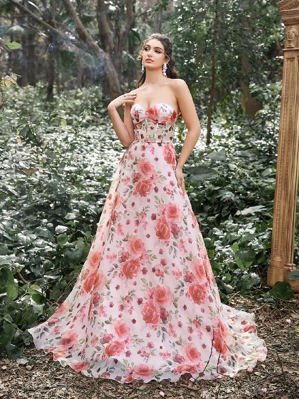 Elegant Lace UP Back Floral Printed Organza Prom Tube Dress