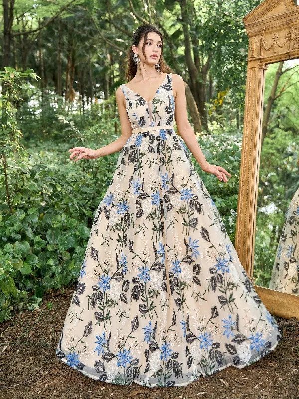 Elegant Plunging Neck Backless Floral Embroidered Prom Dress