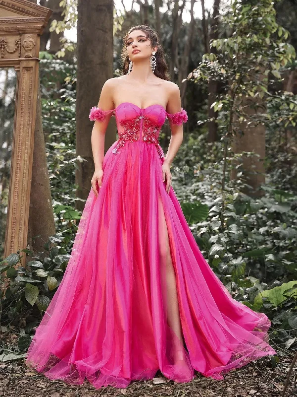 Gorgeous Off Shoulder Floral Applique Detail Bodice Split Tulle Prom Dress