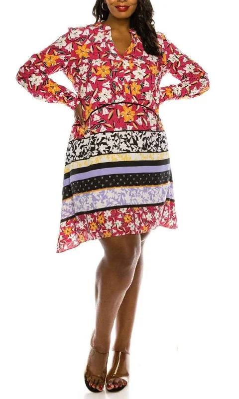 J Taylor - 1317M Floral Print Long Sleeve A-line Dress