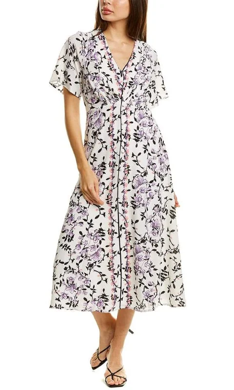 Maison Tara - 91062M Floral Print Buttoned A-Line Dress