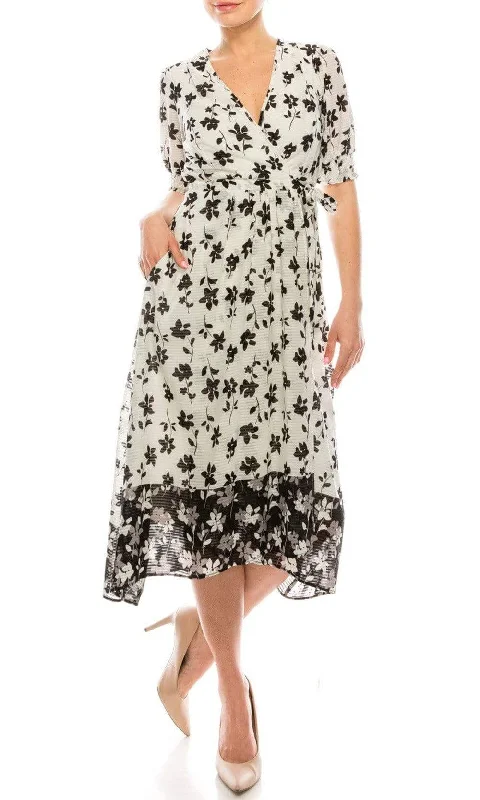 Maison Tara - 95014M Floral Print V Neck Faux Wrap Dress