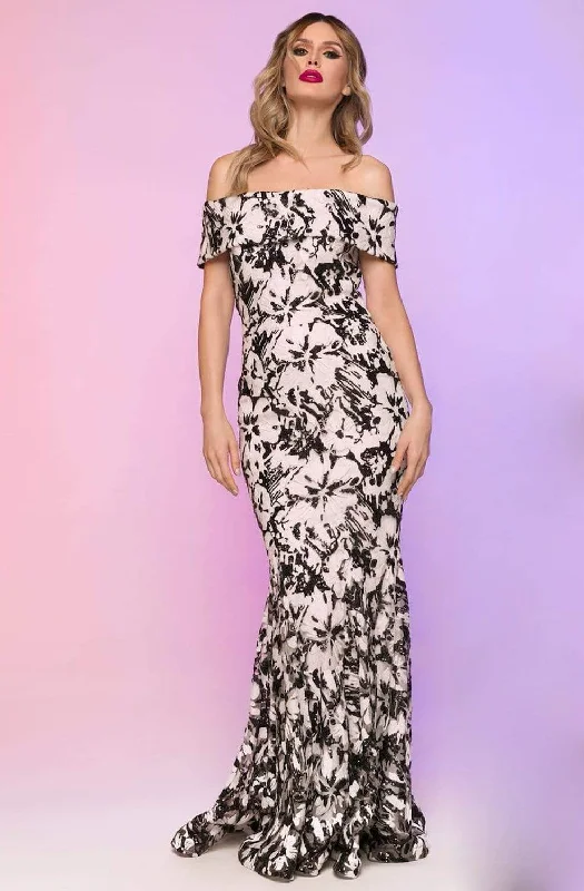 Nicole Bakti - 6759R Floral Detailed Off-Shoulder Trumpet Dress