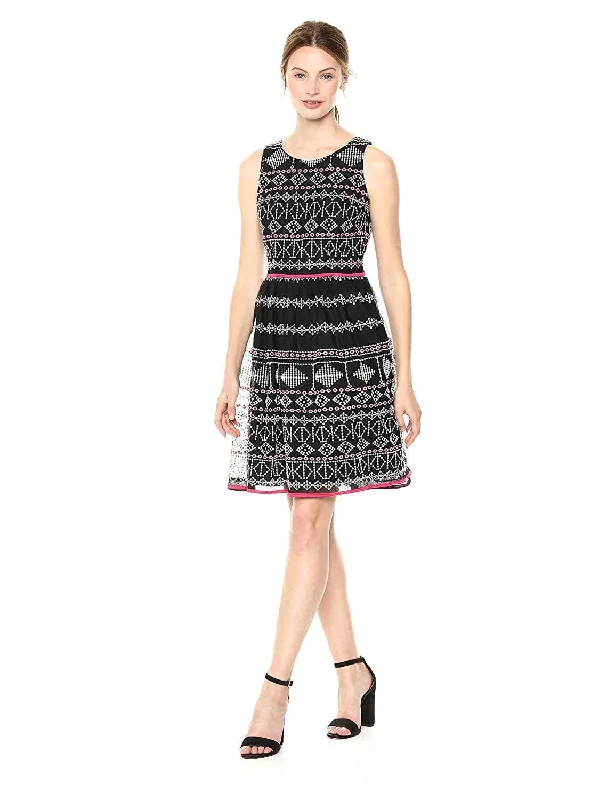 Taylor - 9722M Sleeveless Piped Multi-Print A-Line Dress