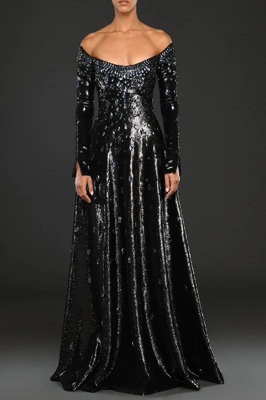 A-line sequined dress with hand embroidered Swarovski crystals