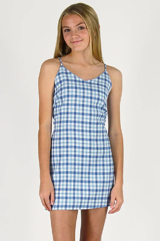 Adjustable Lace Back Dress - Flannel Blue Plaid