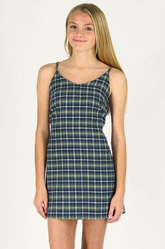 Adjustable Lace Back Dress - Flannel Green Plaid