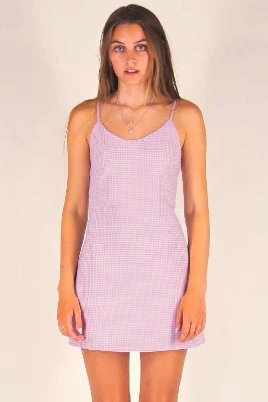 Adjustable Lace Back Dress - Lavender Gingham