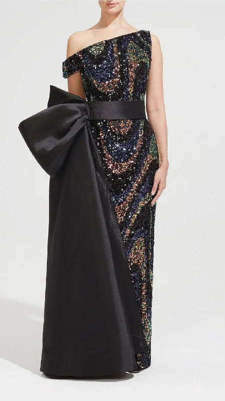 Asymmetric neckline sequined gown