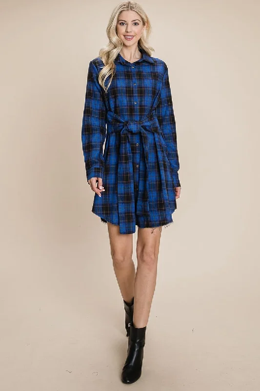 Belted Casual Tunic Cotton Plaid T Shirt Dresses