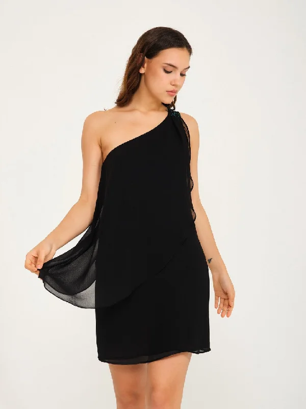 Black One-Shoulder Sequin Stone Detailed Chiffon Dress