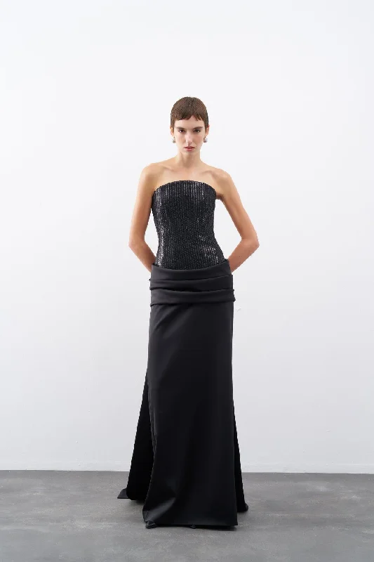 Black Sequined Satin Strapless Long Evening Dress