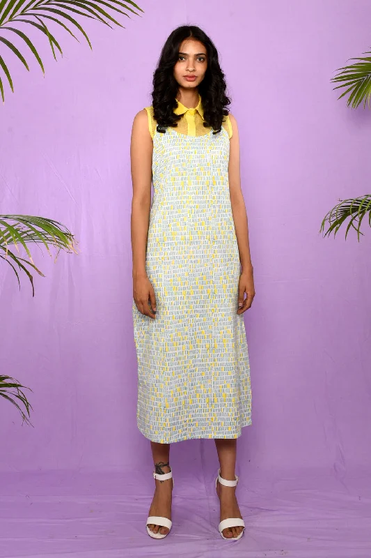 Block Printed Spaghetti Dress with Kota Doria Shirt