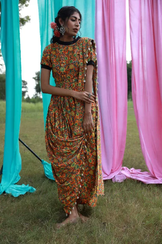 Block Printed T-shirt Saree Dress