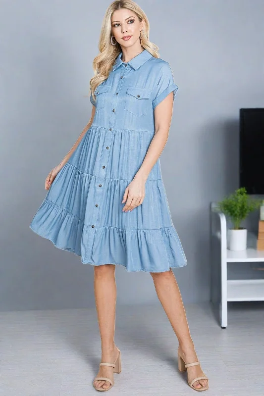 Button Down Collared Tiered Chambray Shirt Dress, S-3X