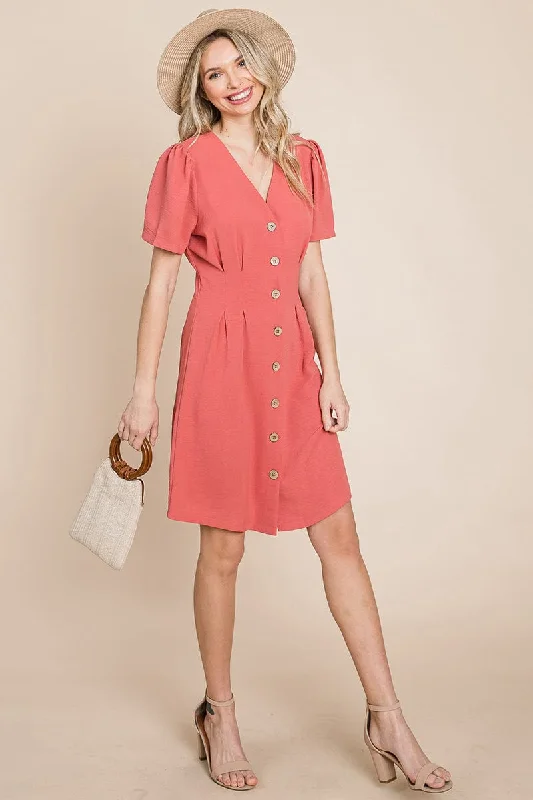 Button Down Solid Pleated Shirt Dress