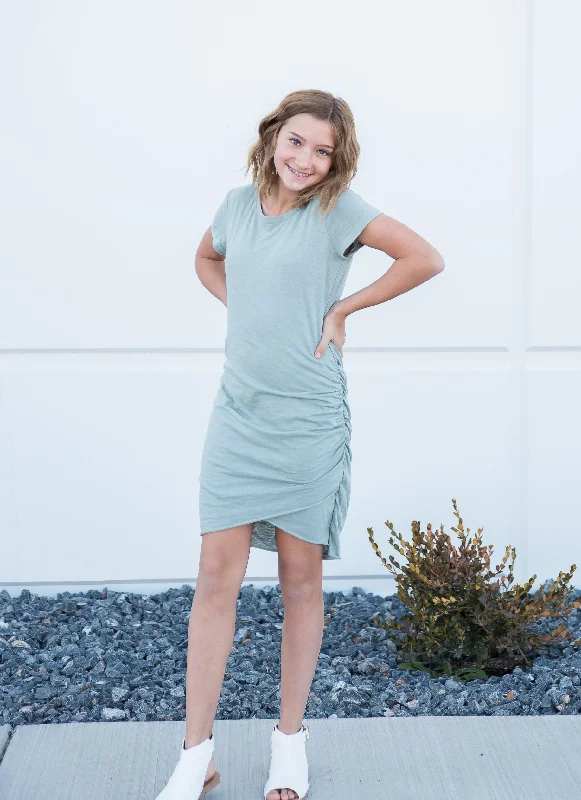 Woman's Casual Tee Shirt Dress with Tulip Hemline in Steel Blue