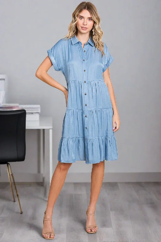 Chambray Button Down Collared Tiered Shirt Dress