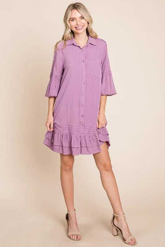 Collared Ruffled Hem Pintucked Shirt Dress