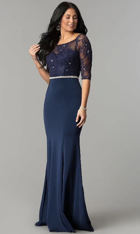 Three-Quarter-Sleeve Lace-Bodice Long Prom Dress