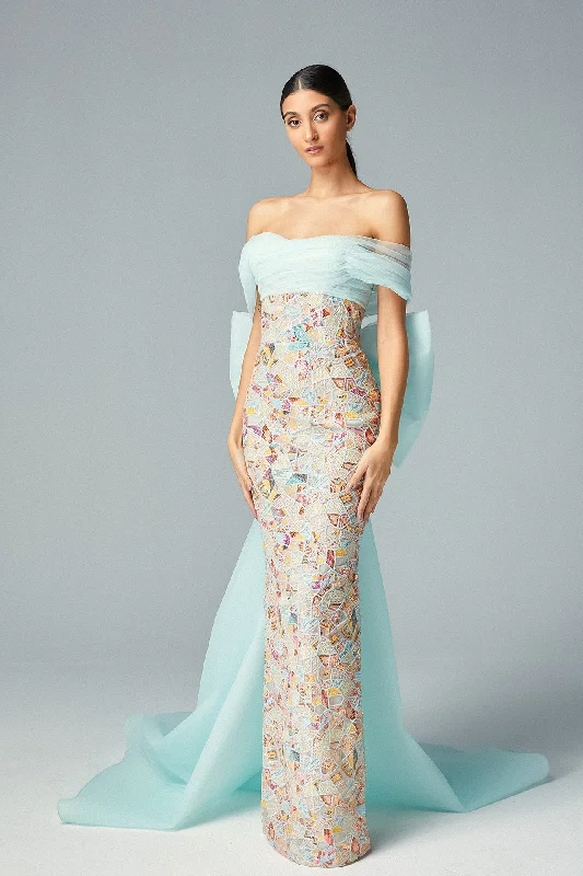 Draped neckline bow detailed sequined gown