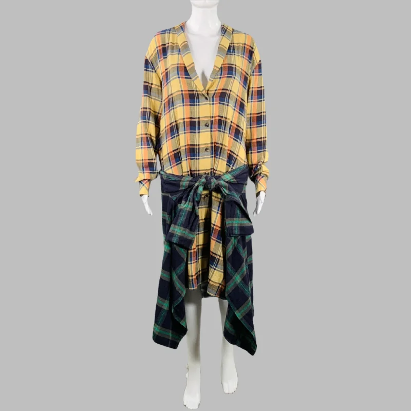 DRIES VAN NOTEN Size 4 Yellow Multi-Color Cotton Plaid Shirt Dress