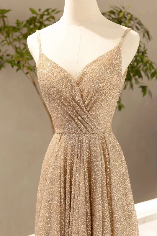 Gold V-Neck Sequins Long Prom Dress, Shiny A-Line Evening Formal Dress