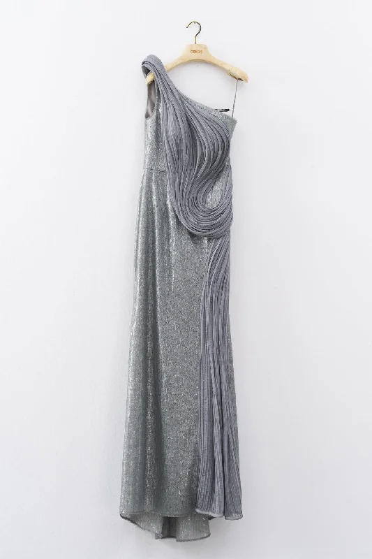 Gray One Shoulder Sequined Organza Detailed Long Evening Dress