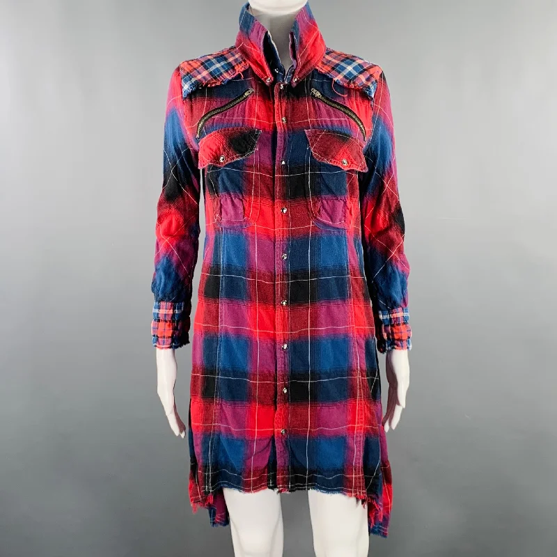 L.G.B Size 2 Red Blue Cotton Blend Plaid Shirt Dress