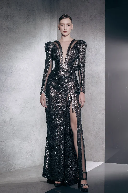 Long sleeves sequined gown