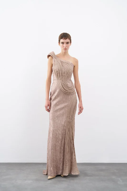 Mink One Shoulder Sequined Organza Detailed Long Evening Dress