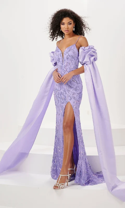 Sequin-Print Draped-Sleeve Long Prom Dress 14155