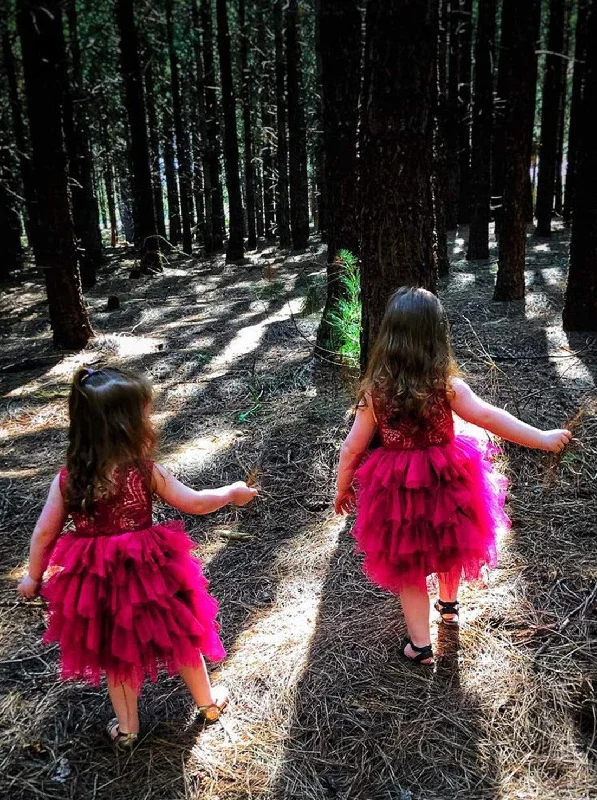 Peony Lace Flower Girl Dress in All Fuchsia Pink (tiered)