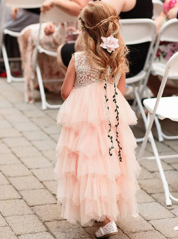 Peony Lace Flower Girl Dress in Pink (tiered)