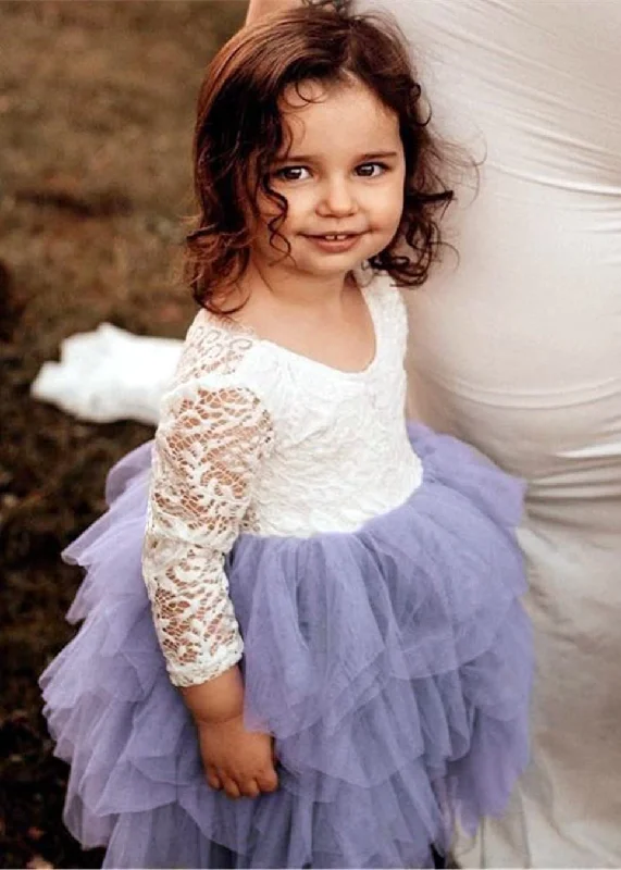 Peony Lace Flower Girl Dress in Bluish Gray (tiered)