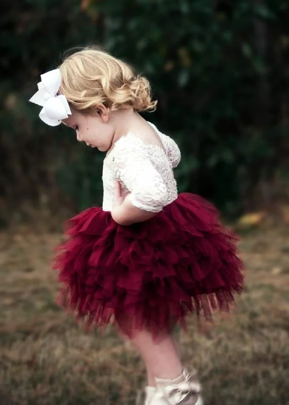 Peony Lace Flower Girl Dress in Burgundy (tiered)