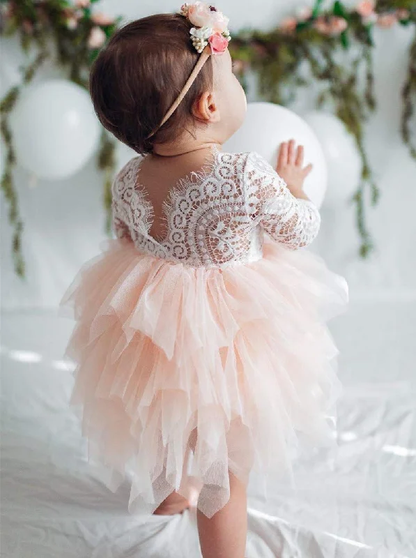 Peony Lace Flower Girl Dress in Blush Pink (tiered)