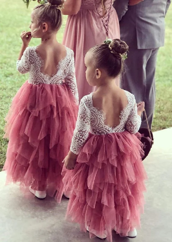 Peony Lace Flower Girl Dress in Dusty Pink (tiered)