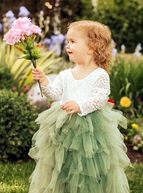 Peony Lace Flower Girl Dress in Sage (tiered)