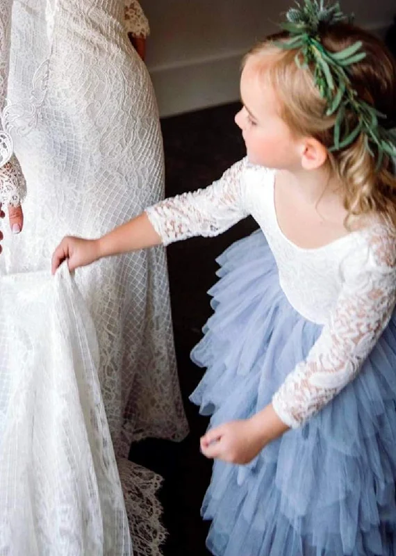 Peony Lace Flower Girl Dress in Bluish Gray (tiered)