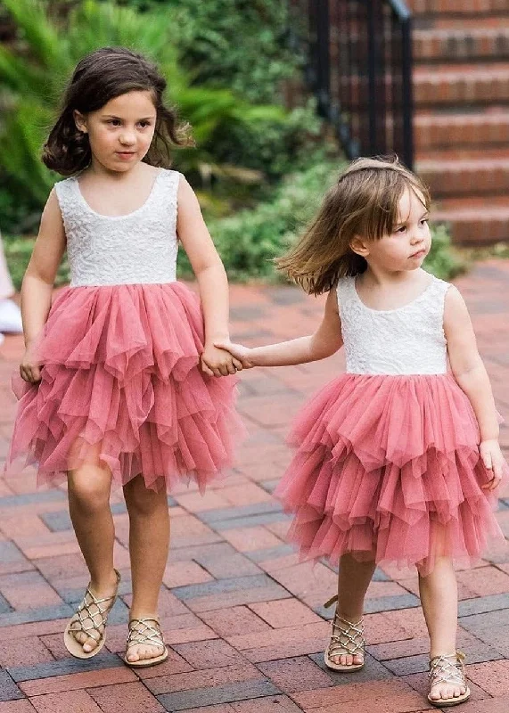 Peony Lace Flower Girl Dress in Dusty Pink (tiered)