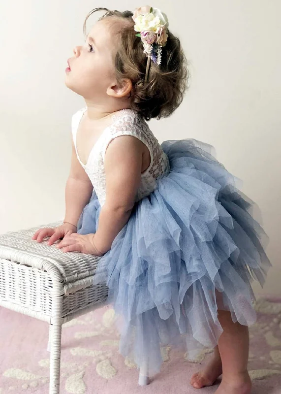 Peony Lace Flower Girl Dress in Bluish Gray (tiered)