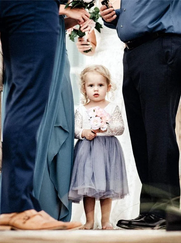 Peony Lace Flower Girl Dress in Bluish Gray