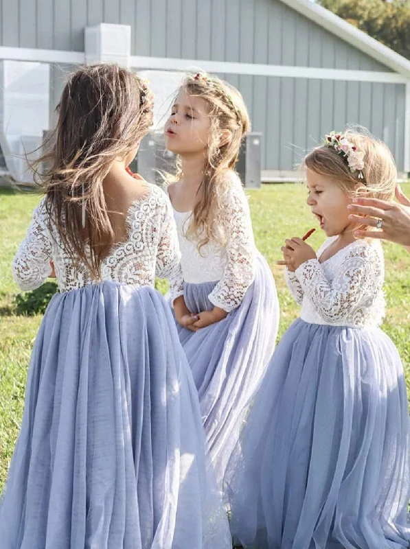 Peony Lace Flower Girl Dress in Bluish Gray