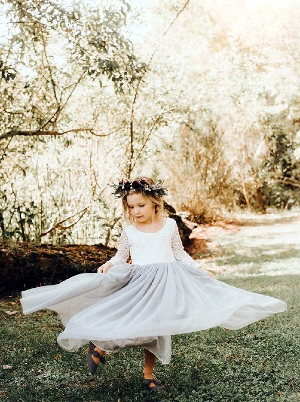 Peony Lace Flower Girl Dress in Light Gray