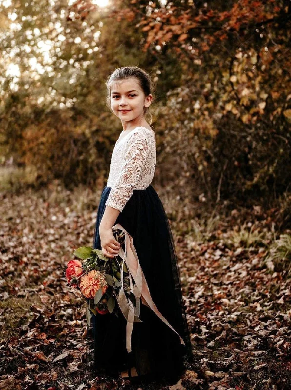 Peony Lace Flower Girl Dress in Navy