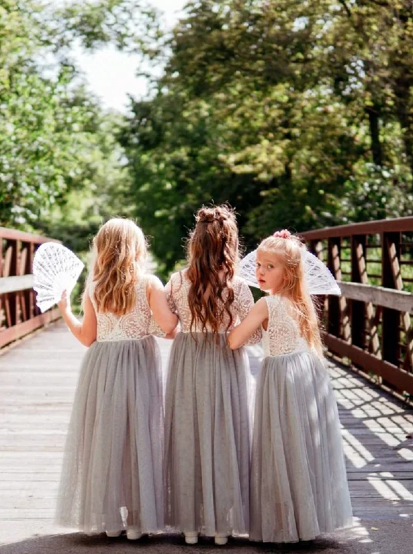 Peony Lace Flower Girl Dress in Light Gray